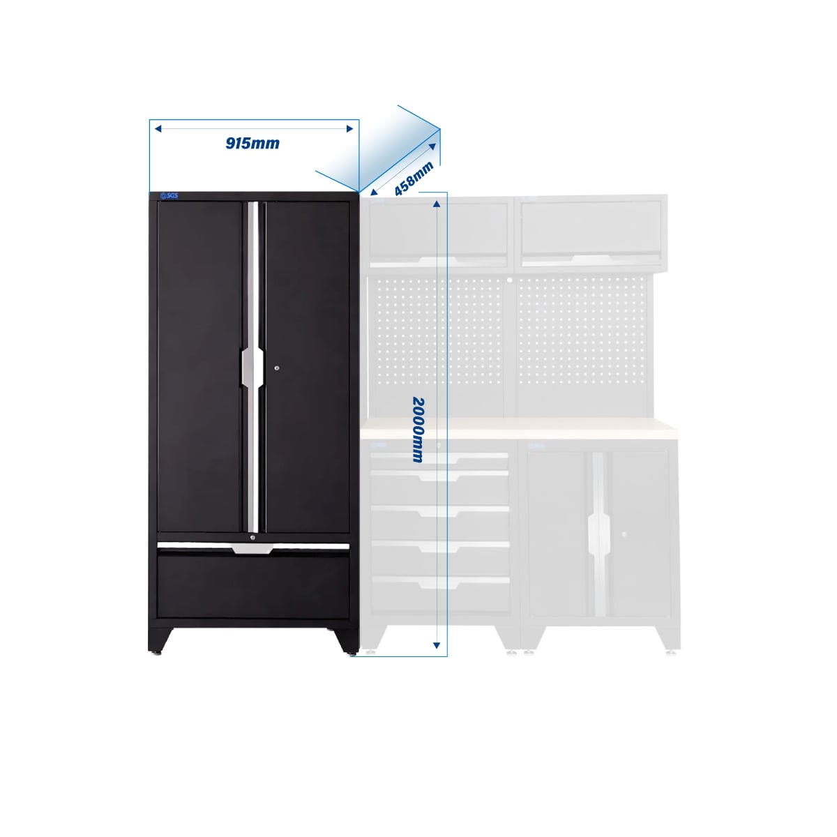 SGS 7pc Garage Storage System | 5 Drawers | Pressed Wood Worktop | Tall Double Cabinet with Drawer